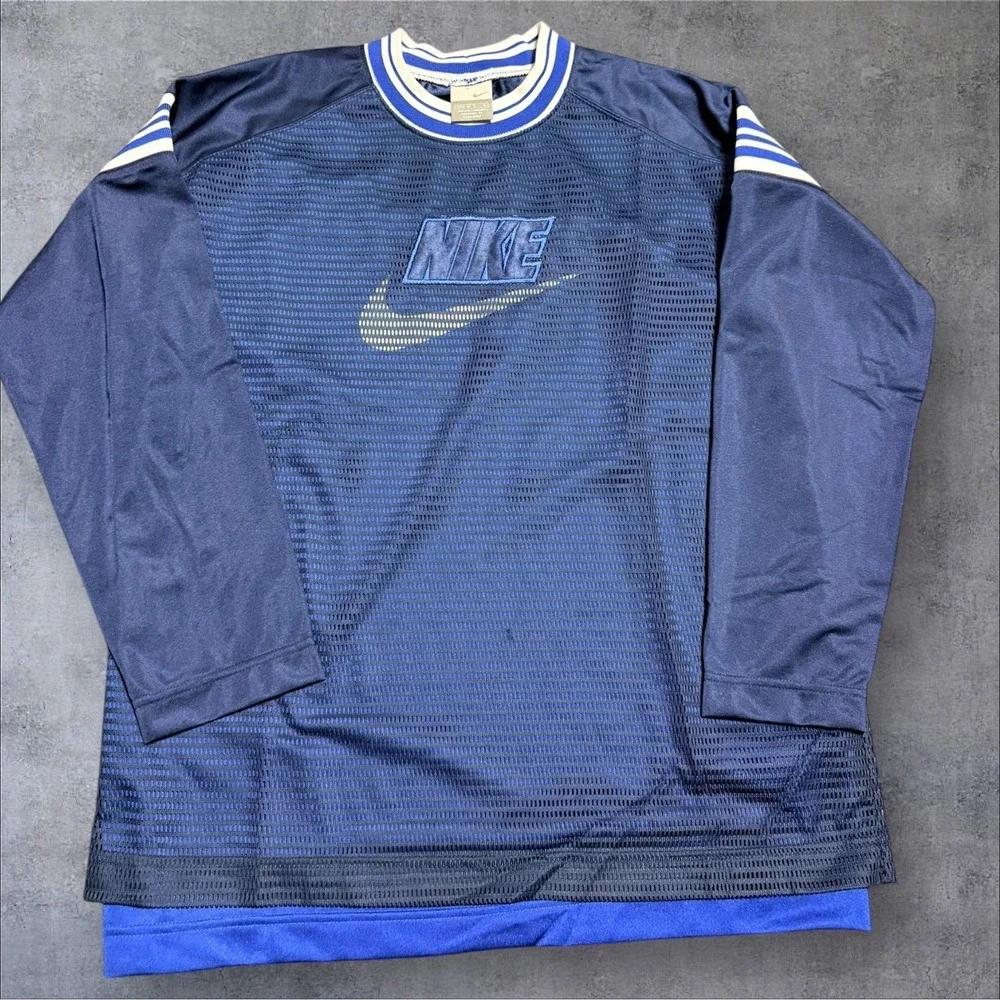 Vintage Nike Y2K Long‎ Sleeve Athletic Swoosh Youth L Dual Layer Mesh Blue White
